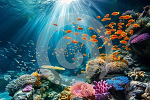 Colorful fish swimming in underwater coral reef landscape. Deep blue ocean with colorful fish and marine life