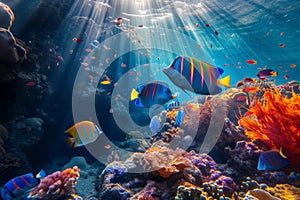 Colorful fish swimming in underwater coral reef landscape. Deep blue ocean with colorful fish and marine life