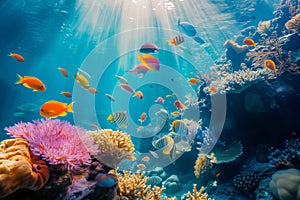 Colorful fish swimming in underwater coral reef landscape. Deep blue ocean with colorful fish and marine life