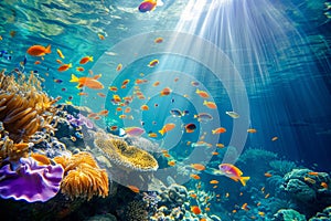 Colorful fish swimming in underwater coral reef landscape. Deep blue ocean with colorful fish and marine life