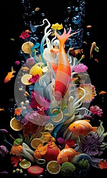 A colorful fish swimming in the water with flowers and fruit, AI