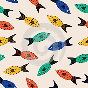 Colorful fishes hand drawn vector illustration. Cute underwater animal in flat style seamless pattern for kids.