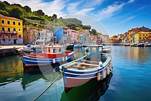 Colorful fishing boats in Portofino, Liguria, Italy, Mystic landscape of the harbor with colorful houses and the boats in Porto