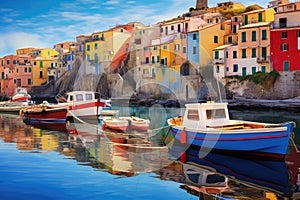 Colorful fishing boats in Riomaggiore, Cinque Terre, Italy, Mystic landscape of the harbor with colorful houses and the boats in