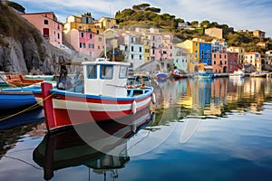 Colorful fishing boats in Riomaggiore, Cinque Terre, Italy, Mystic landscape of the harbor with colorful houses and the boats in