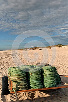 Colorful fishing ropes on the sand,