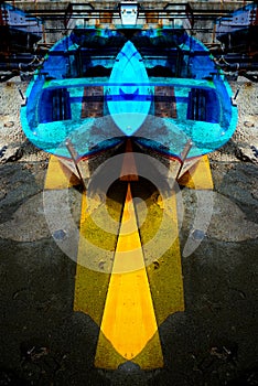 Colorful fishing wooden boat moored on the beach - abstract