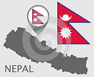 Nepal flag, map pointer and blank map