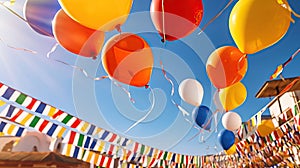 Colorful flags and decorative balloon for the Saint John party, which takes place in June in northeastern Brazil. Generative Ai