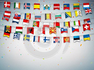 Colorful flags of different countries of the europe with confetti on grey background. Festive garlands of the international