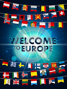 Colorful flags of different countries of the europe on shining blue background. Festive garlands of the international pennant.