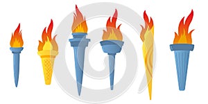 Colorful Flaming Torches, flat vector illustration isolated on white background. Symbols of relay race, competition