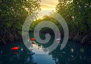 Colorful Flamingos in Mangrove Sunset, generative ai photo