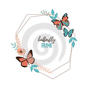 Colorful flat cartoon vector butterfly, flower and leaves frame isolated on white background