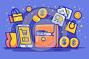 Colorful Flat Design Illustration of E-commerce Mobile App with Shopping and Money Icons