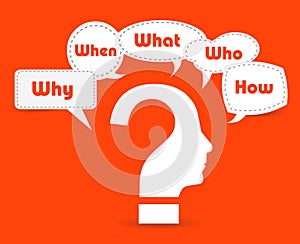 Colorful flat design speech paper and question bubbles with text why, where, who, when, how, what.