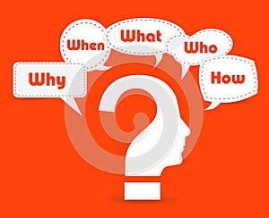 Colorful flat design speech paper and question bubbles with text why, where, who, when, how, what. photo