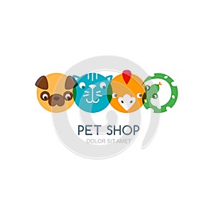 Colorful flat icons of dog head, cat muzzle, bird and snake.