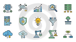Colorful Flat Icons Representing Artificial Intelligence, Data Analysis, and Cloud Computing
