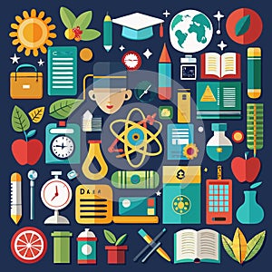 Colorful flat icons representing education, knowledge, and learnin