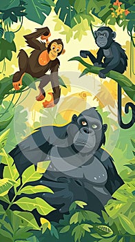 Colorful Flat Illustration of Orangutan, Spider Monkey, and Gorilla in Rainforest Jungle photo