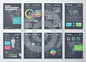 Colorful flat infographic brochures with dark background