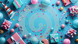 Colorful Flat Lay Birthday Party Banner with Streamers, Balloons, Presents, Party Hats, Confetti, Candies and Ample Space