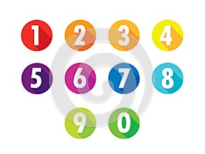 Colorful Flat Number Icons Long Shadow  From Zero to Nine , Number Flat  Design, Number Set vector illustration .