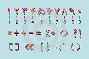 Colorful flat red and orange Arabic and English numbers with black shadow and mathematical signs and symbols template set on blue