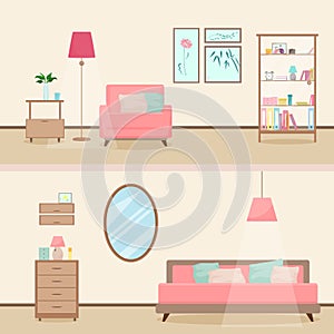 Colorful flat style modern livingroom interior illustration.