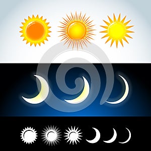 Colorful and flat Sun and moon icons. Sign sun and moon. Vector logo for web design, mobile and infographics.