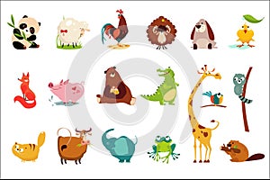 Colorful flat vector set of funny of various animals. Panda, sheep, ram, frog, duckling, rooster, fox, pig, bear