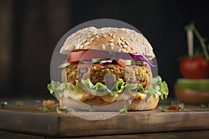 A colorful and flavorful veggie burger made with a hearty patty of vegetables. (Generative AI)