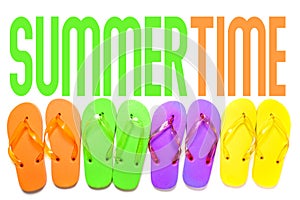 Colorful flip flop sandals isolated on white background. Top view with summertime illustrative text