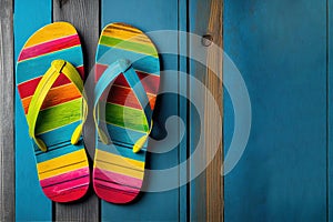 Colorful flip flops over blue wooden background with copy space.