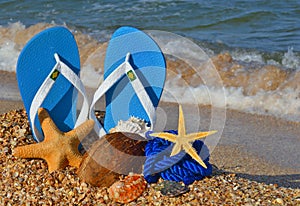 Colorful flip flops, starfish, coconut and rope.