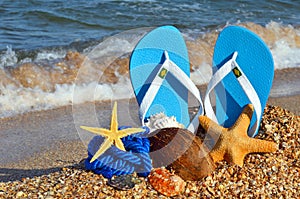 Colorful flip flops, starfish, coconut and rope.