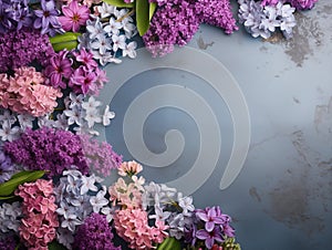 Colorful floral background with copy space, arranged blooms on a blue backdrop