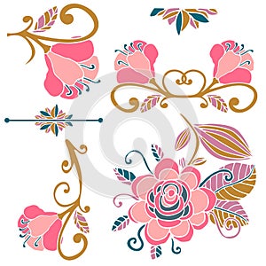 Colorful floral collection of pink, green, gold cute design elements. Paradise fantasy flowers with curls, leaves isolated on whit