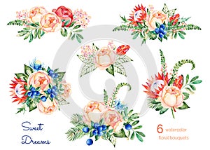 Colorful floral collection with roses,flowers,leaves,protea,blue berries,spruce branch,eryngium.