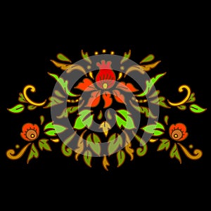Colorful floral design in russian khokhloma style on black, vector illustration