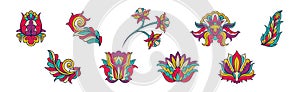 Colorful Floral Elements Based on Traditional Asian Ornaments Vector Set