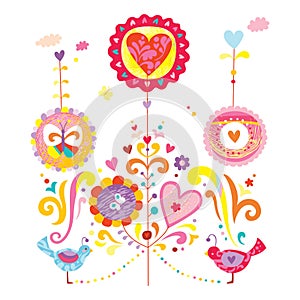 Colorful Floral Elements with Birds and Hearts