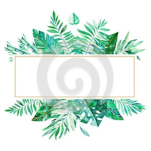 Colorful floral frame with green tropical leaves.