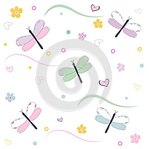 Colorful floral greeting card with dragonfly pattern background