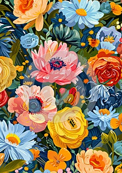 Colorful floral illustration with various flowers and lush greenery. Blooming garden. Bold bright colors. Spring or