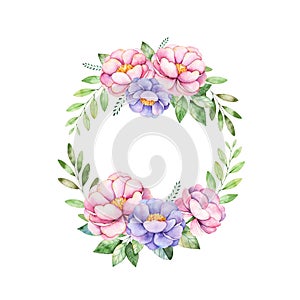 Colorful floral pastel wreath with peony,flowers,leaves, leaves,