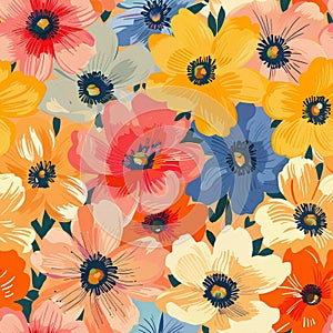 Colorful Floral Pattern Design: Vibrant Spring Blossoms on Fabric Texture