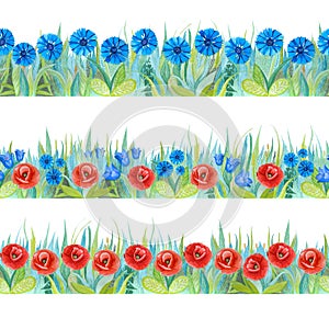 Colorful floral seamless borders. Bright background - grass with red and blue flowers.