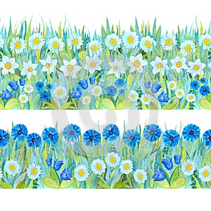 Colorful floral seamless borders. Bright background - grass and white and blue flowers.